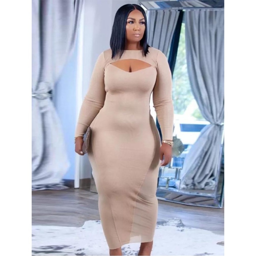 Khaki Mesh Long Sleeves Dress